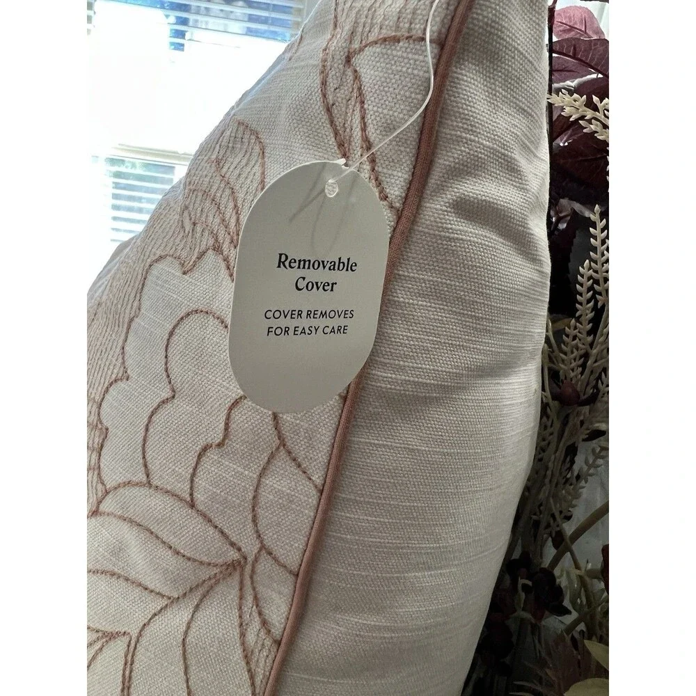 Oversized Square Reverse Embroidered Floral Pillow Orange or Cream -